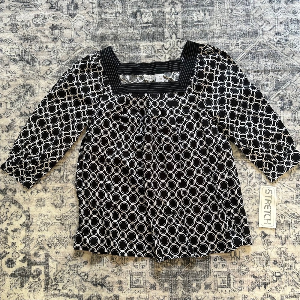 Vintage Y2K Black White Circle Print Small Square Neck Cotton Harve Benard
